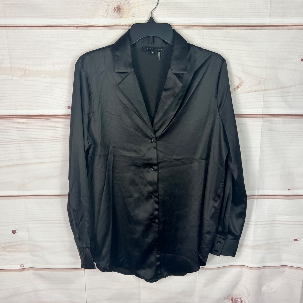 Endless Rose Top Womens Small Black Satin Blouse Tunic Button Up Long Sleeve